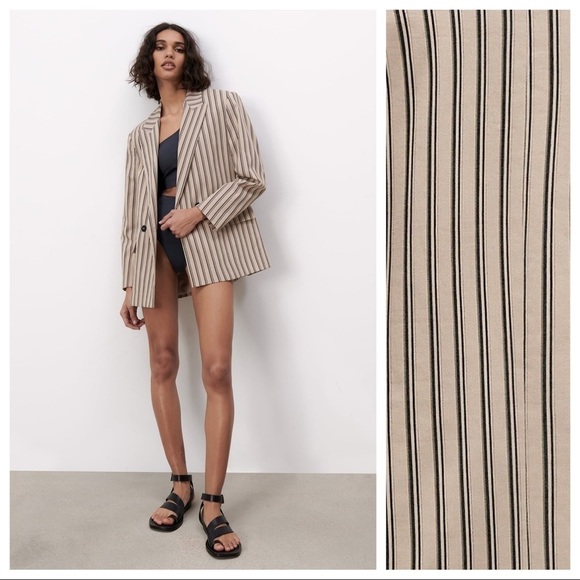 NWT. Zara Beige Striped Oversized Double Breasted Full Cut Blazer. Size S. - Picture 2 of 11